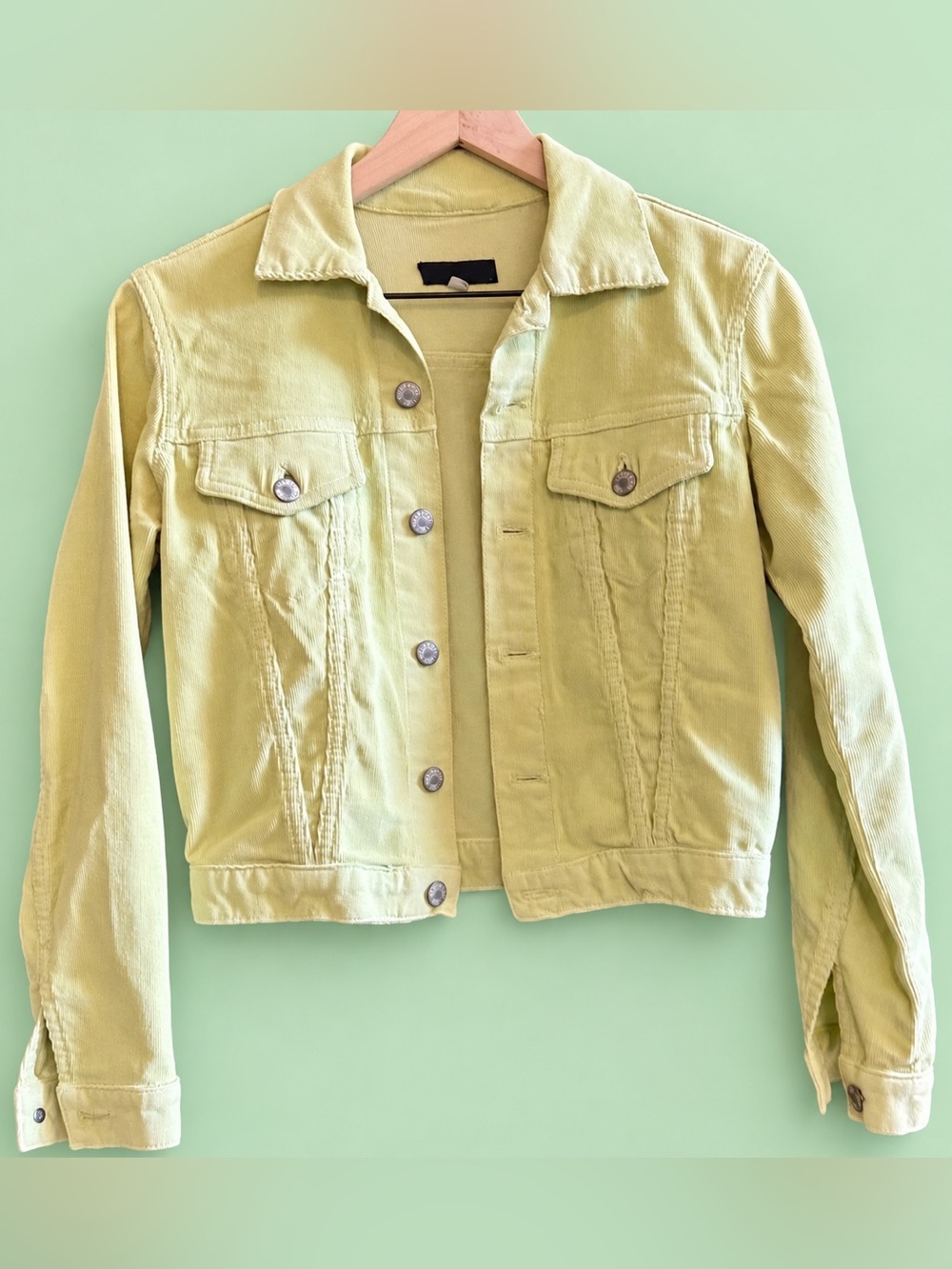 LADIES Blue Cult Vintage Distressed Lime Green Cropped Corduroy Jean Jacket - S